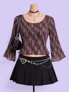 Vintage Y2K Red Black Abstract Blouse Medium Sheer 3/4 Sleeve Size M Grunge Goth